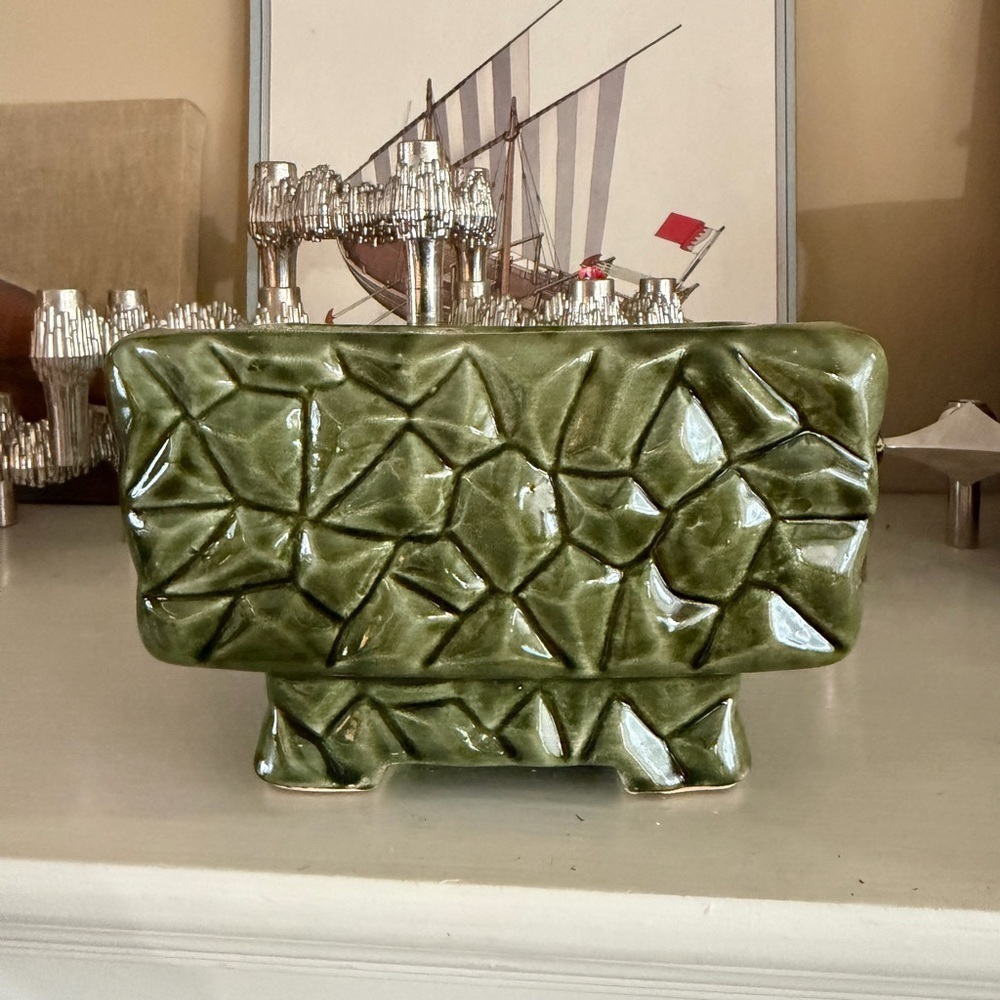 Vintage MCM McCoy Green Pebble Planter Brutalist Cubist Style Pottery Window Box